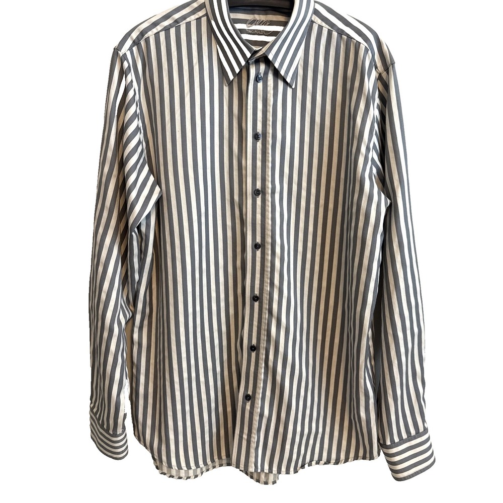 Oscar Two Fold Mens Grey White Striped Dress Shirt Cotton Long Sleeve 42 Classic